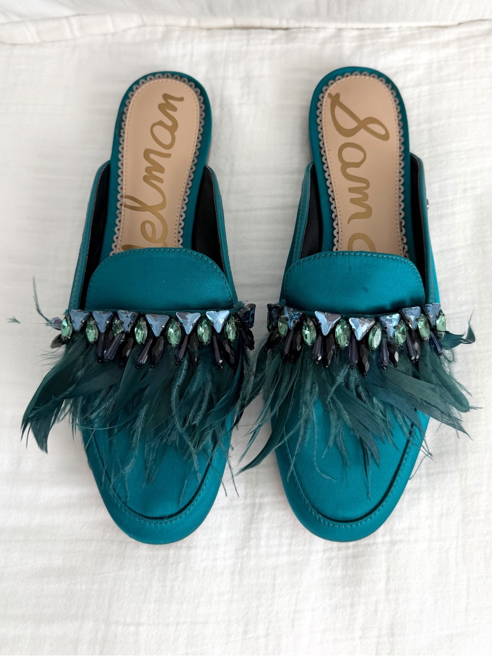 Sam Edelman Landis Teal Feather & Jeweled Mules
